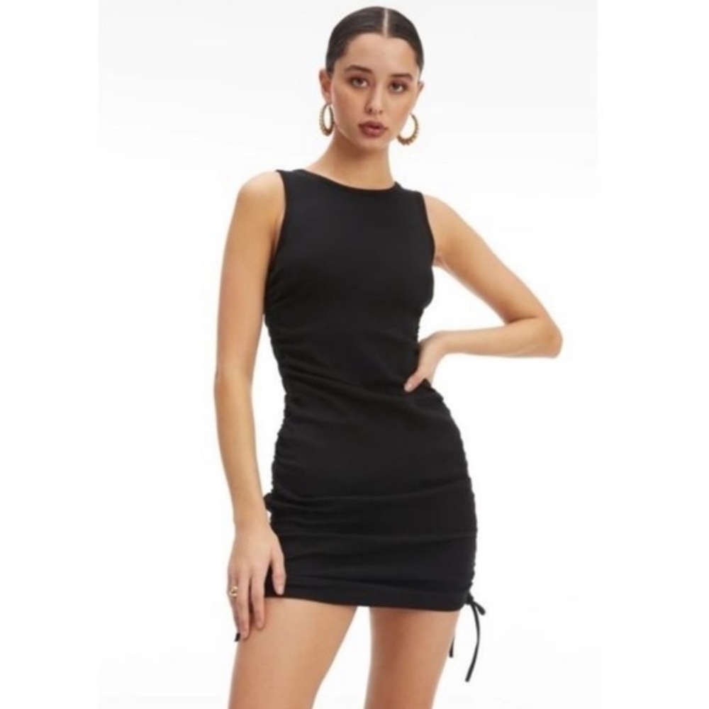 Good American Black Side Ruching Mini MIDI Sress